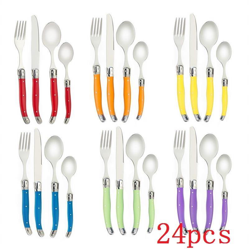 

Набор столовых приборов Laguiole Rainbow из 24 предметов, черные столовые приборы, подарок на рождественскую вечеринку, нож для стейка из нержавеющей стали, вилка, ложка, чайная ложка