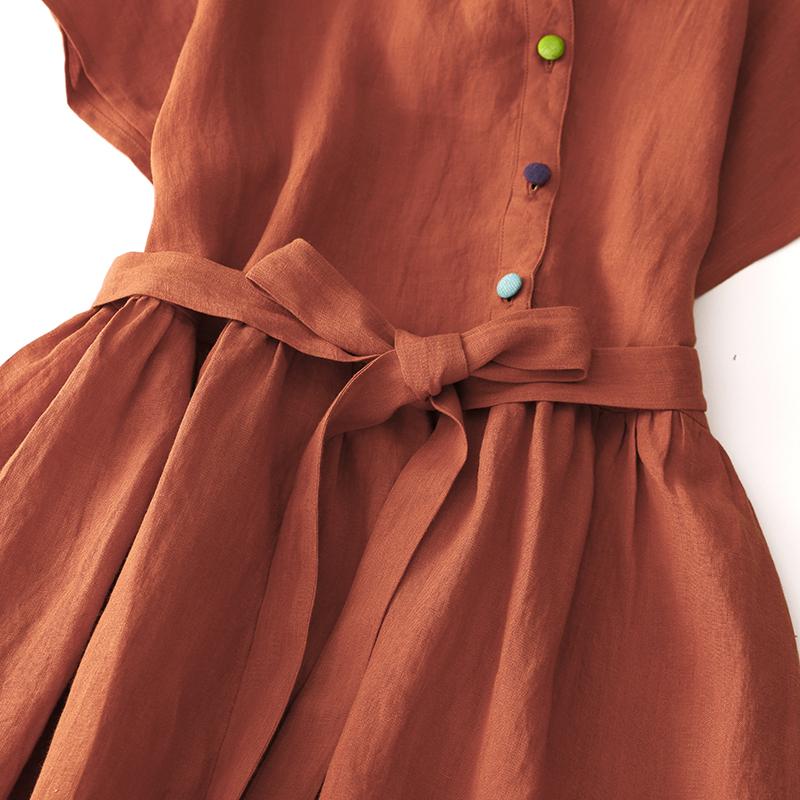 Spring Summer Women's  Cotton and Linen Short Sleeve Solid Color Dresses Women Literary Retro Row Buckle Temperament Long Dresses