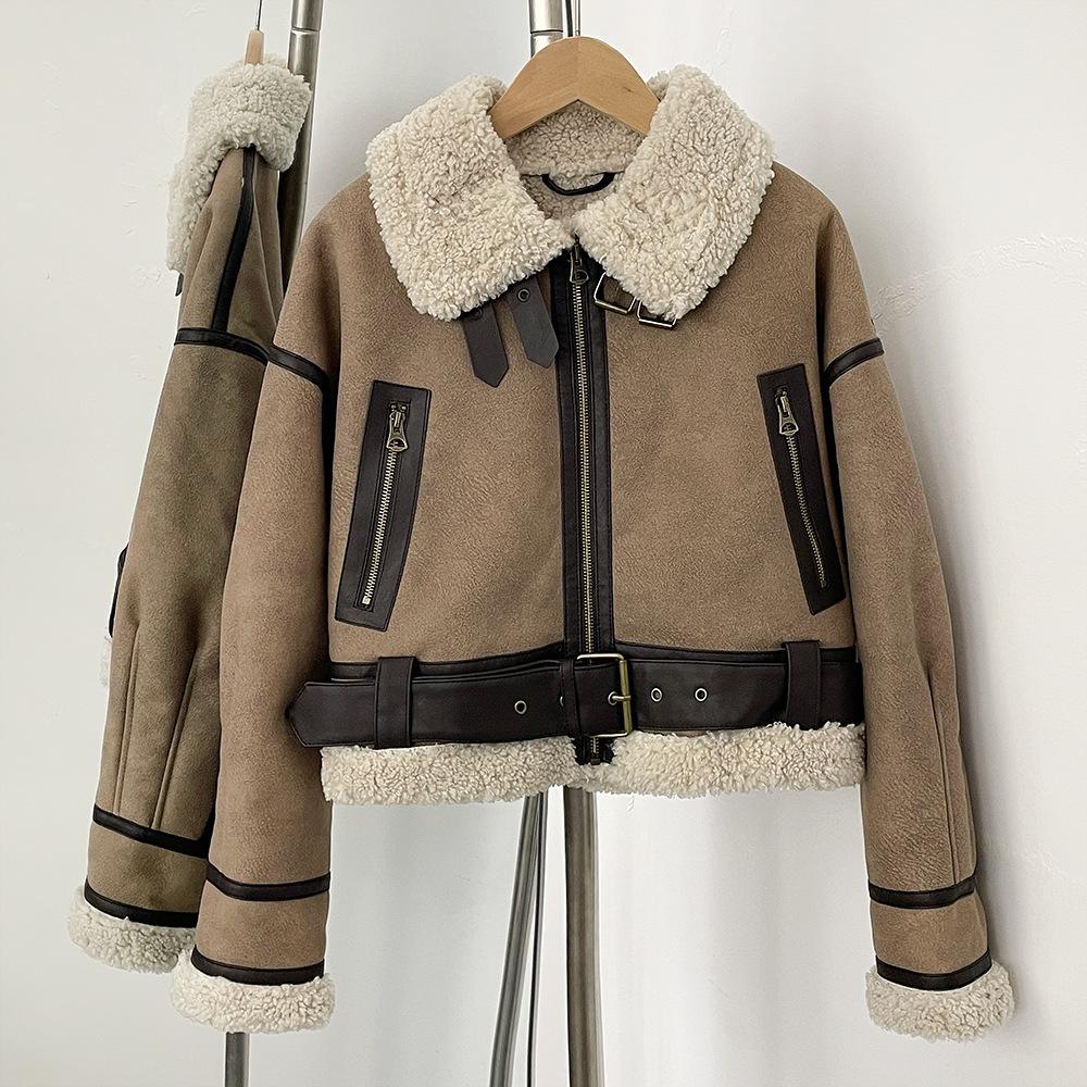 Autumn Winter Product Casual Women's Wear Flip Collar Fur Integrated Loose and Versatile Short Jacket Coat
