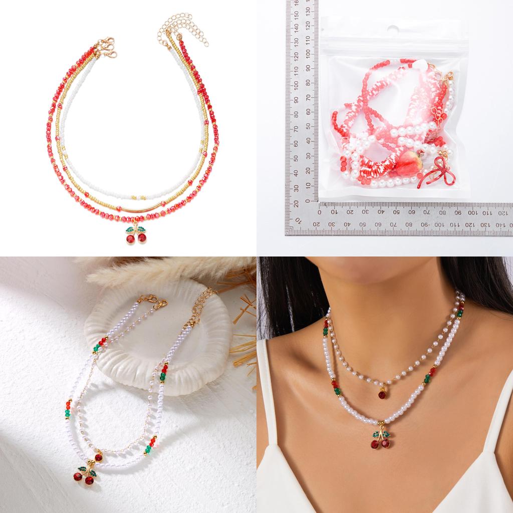 Summer Strawberry Fruit Pendant Necklace Set With Pearl Layered Choker For Women