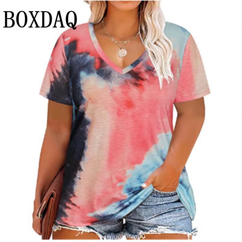 Trendiges Plus-Size Damen Tie-Dye V-Ausschnitt T-Shirt Mode Kurzarm Lockerer Pullover Tops Für Lässige Sommerkleidung Große Größen T-Shirts