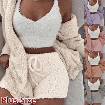 Conjunto de Homewear Feminino Europeu e Americano de Inverno de Pelúcia de 3 Peças: Top Cropped de Manga Comprida, Colete e Shorts