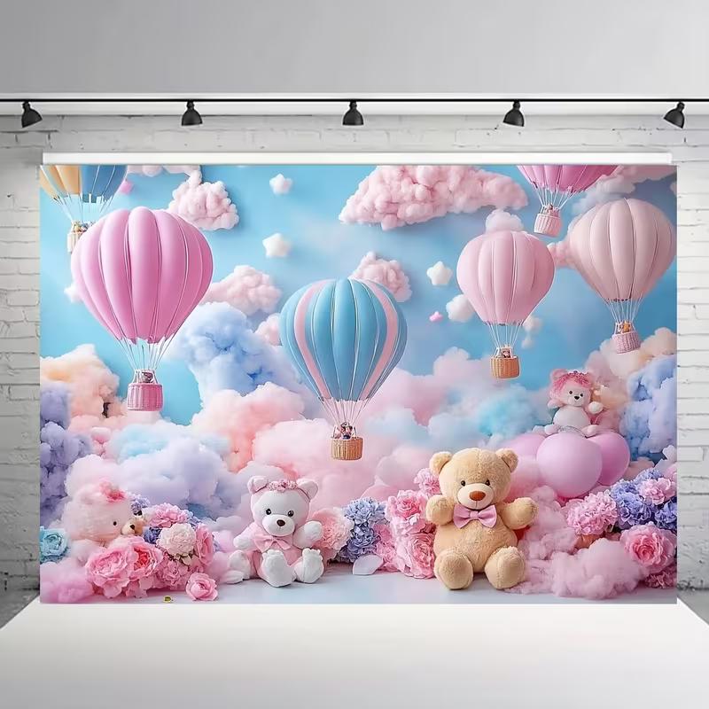 2D Dreamy Baby Background, Cute Teddy Bears & Hot Air Balloons Themed Photoshoot Backdrop