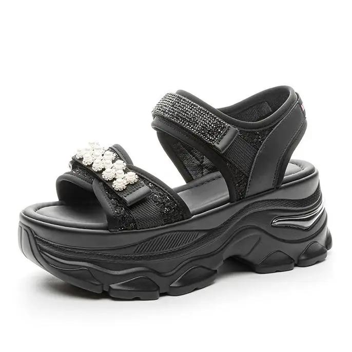 

Модные 7 см Тканевые Сандалии из Синтетической Кожи на Плоской Подошве Женские Шлепанцы Туфли-Лодочки Платформа Клин Крючок Летние Полые Модные Блестящие Туфли с Открытым Носком 39 чёрный