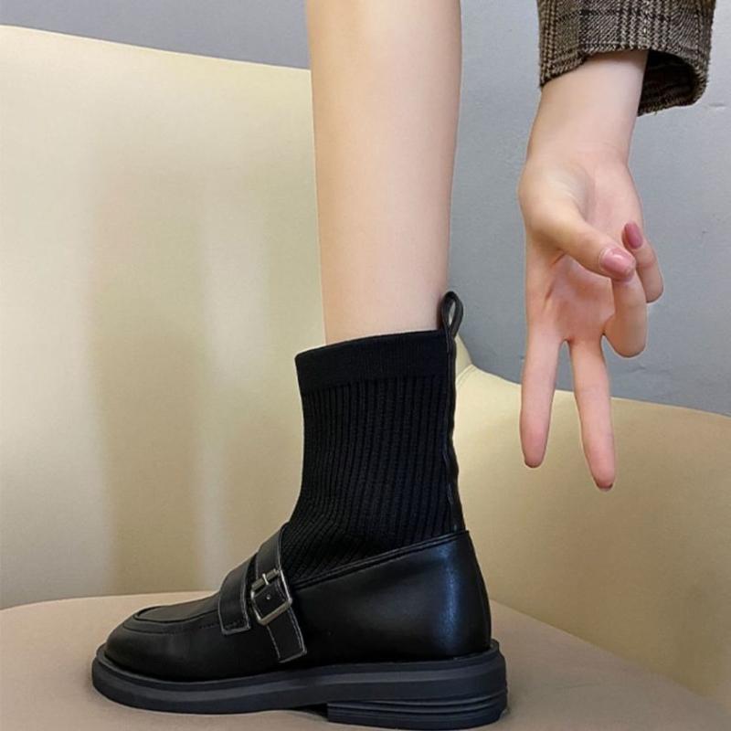 Women's Black Round Toe Loafers 2025 Autumn Winter Knit Elastic Socks Boots Retro Fashion Casual Comfortable Ankle