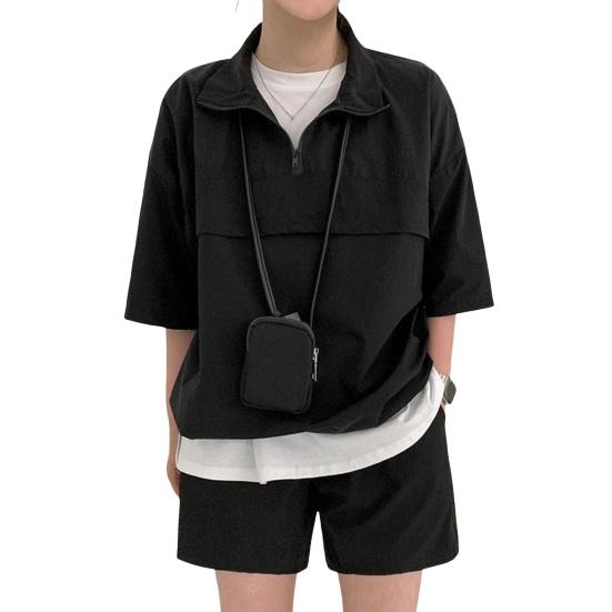 

2 шт./компл. летний спортивный костюм унисекс с лацканами на молнии и половиной рукавов, свободный топ, однотонные шорты с высокой талией M чёрный