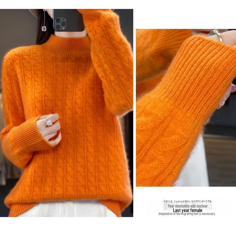 2023 Autumn/Winter Women's Korean Wool Cable Knit Round Neck Sweater