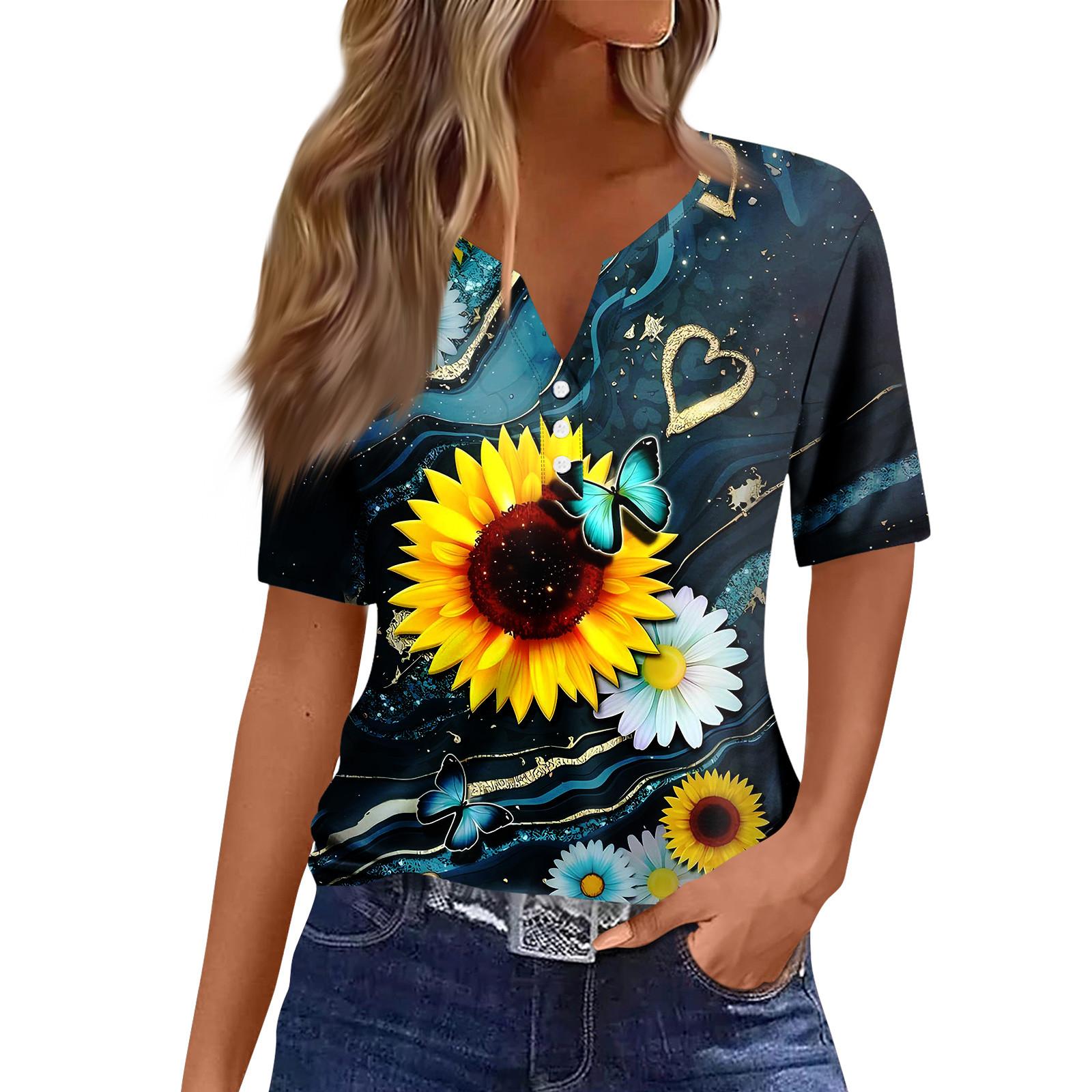 

Женская повседневная футболка с короткими рукавами, V-образным вырезом и декоративными пуговицами XXXL