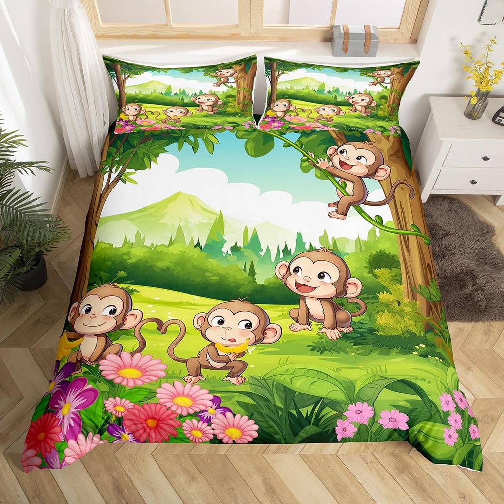Cute Monkey Bedding Set Full Twin Cartoon Banana Stars Duvet Cover Tropical Wild Animal Fruit Comforter Cover Yellow Quilt Cover
