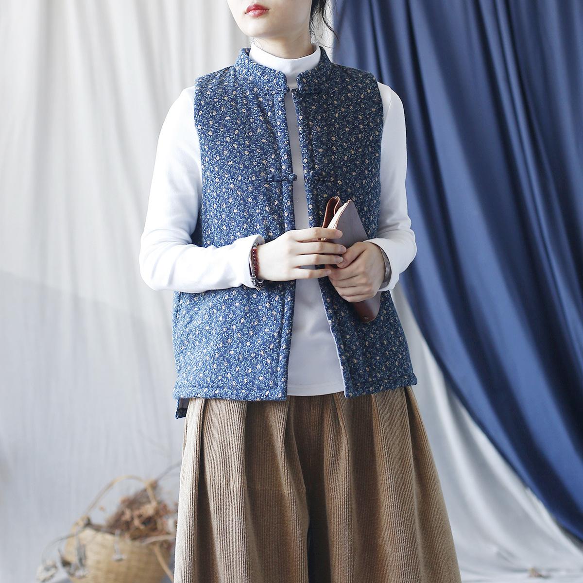 

Johnature Вінтажний вільний повсякденний жилет у стилі ретро з принтом. Жіноча зимова модна однобортна жилетка в китайському стилі One Size синій