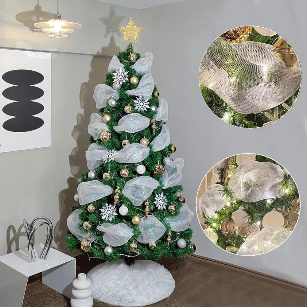 10Yards 26CM Christmas Tree Gauze Mesh Tulle Roll Gold Silver Christmas Bow Mesh DIY Xmas Tree Ribbon Decoration Gift Wrapping