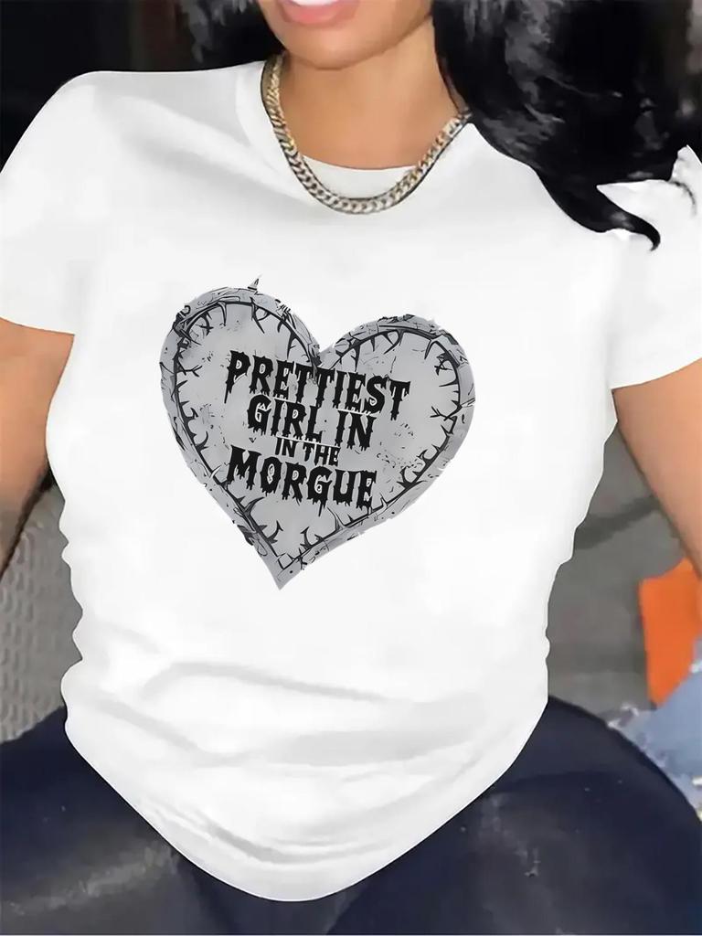 1pc Women'S Black Short Sleeve T-Shirt | The Most Strikingly Edgy White Heart Print Gothic Crew Neck Top, Lightweight And Durable, a Casual Trendy Ite