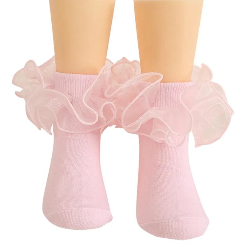 Girls Puffy Lace Socks Kids Combed Cotton Ruffled Trim Solid Ankle Socks Baby Girl Skirt Outfit Accessories