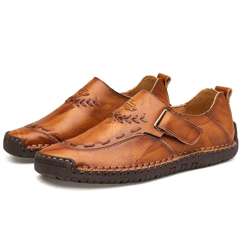 Men's Slip-On Comfortable Flat Bottom Leather Shoes Male Breathable Outdoor Casual Slip-Over Cowhide Walking Shoes Large Size 48