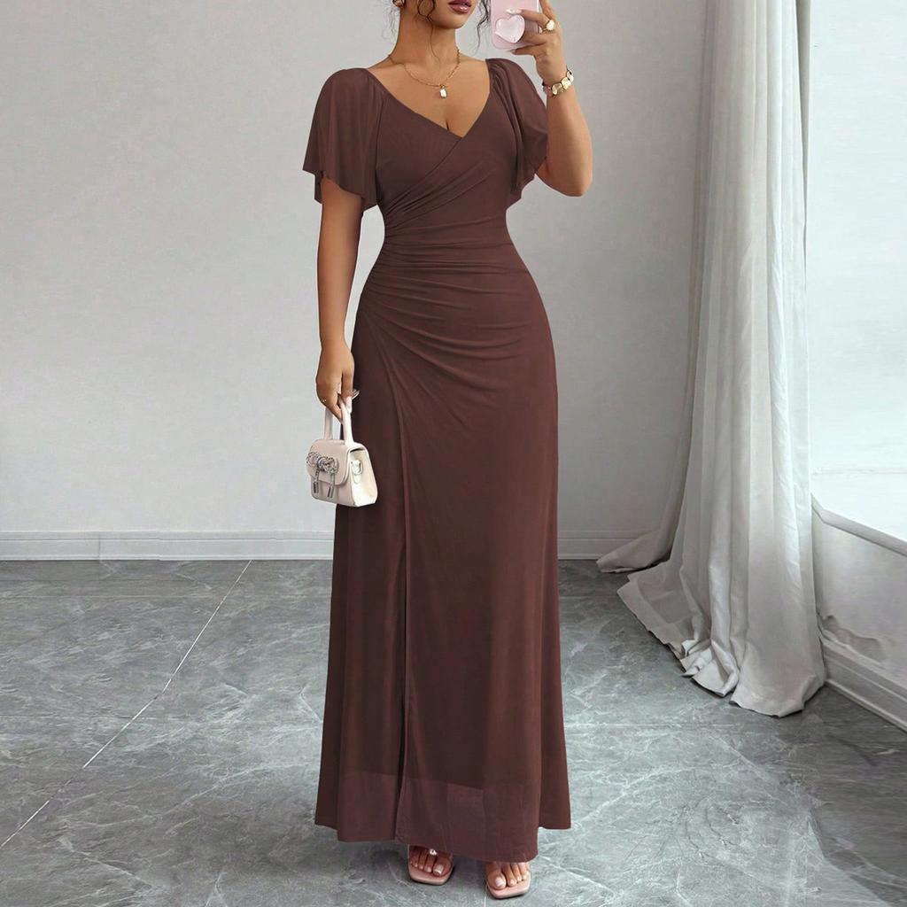 Damesmode V-hals Vliegende Mouw Split Avondjurk Jurk