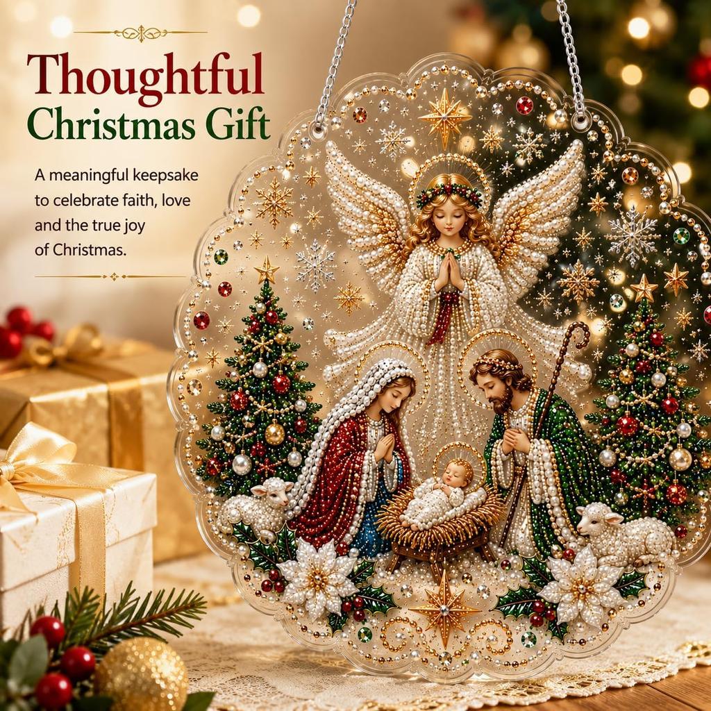 DIY Christmas Pearl Art Kit Acrylic Round Pendant with 3D Pearl Beads Chain Hanging Diamond Painting Craft for Festival Decor