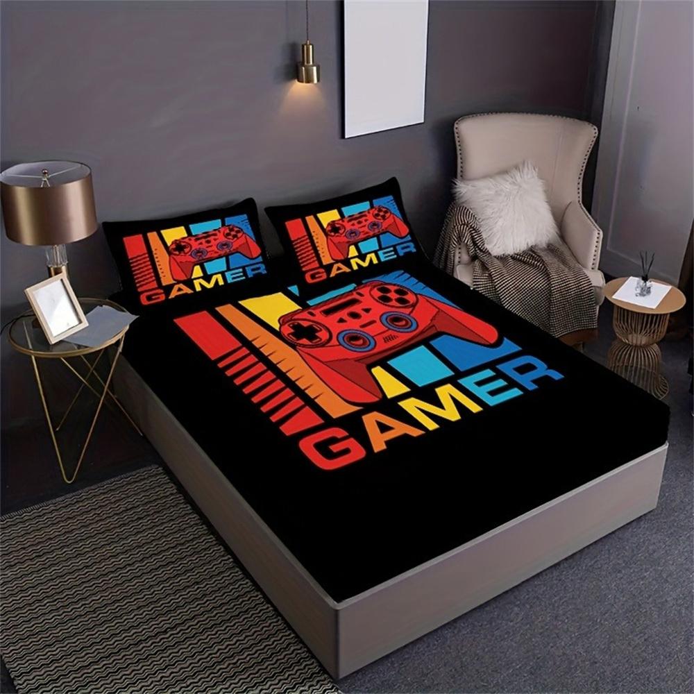 Games Print Fitted Sheet Set Soft Home Textile Comfortable Breathable Gamepad Bedding Set for Bedroom Guest Room