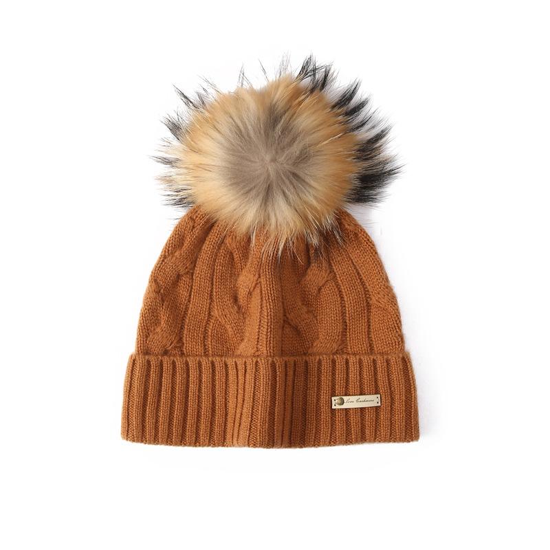 Pure Cashmere Autumn and Winter New Style Women's Casual Warm Ear Protection Large Cable Wool Ball Toe Knitted Hat