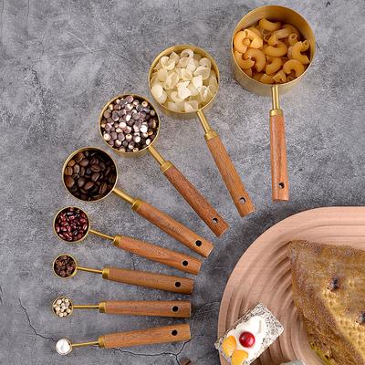 4Pcs Stainless Steel Wooden Handle Measuring Cups Spoons Baking Tools Coffee Bartending Scale Kitchen Accessories Set