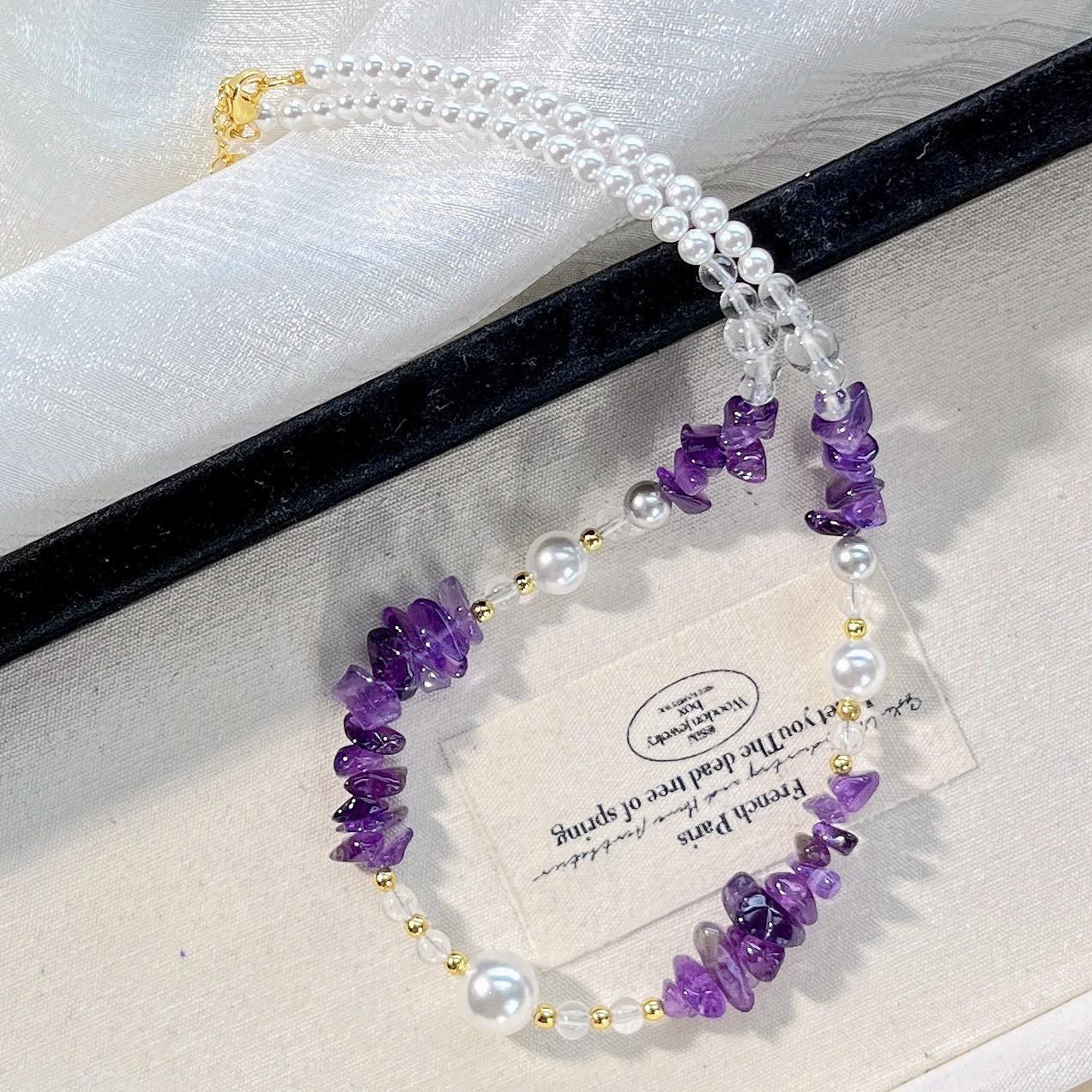 

Natural Amethyst Artificial Crystal Pearl Clavicle Chain Necklace