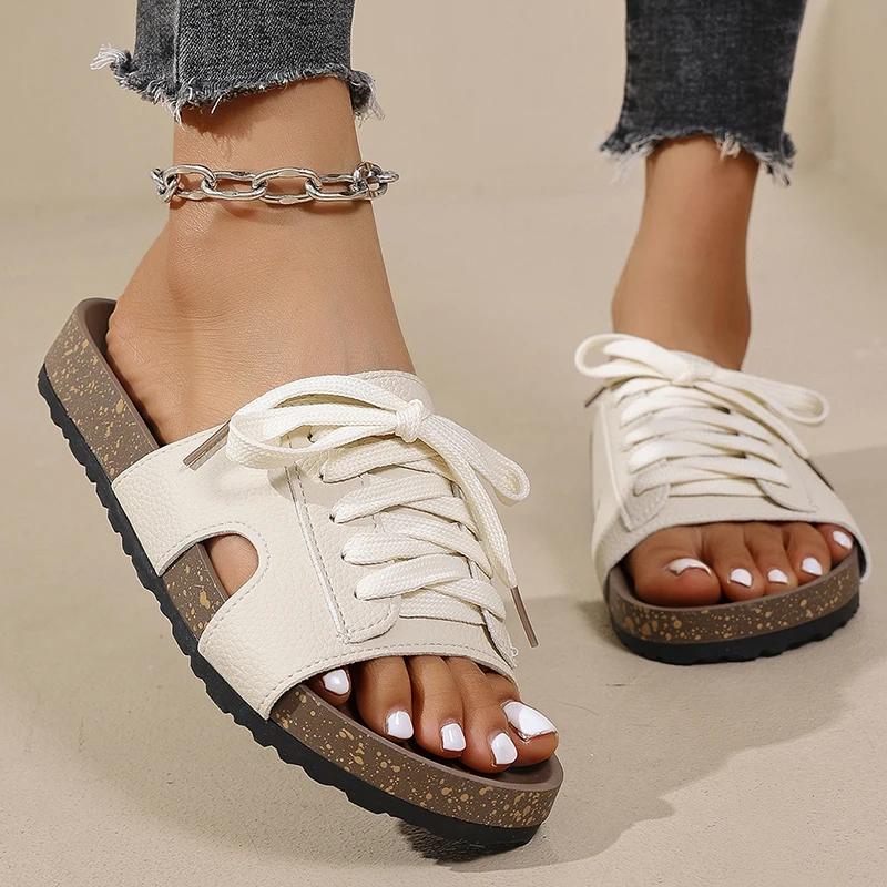 

Fashion Lace Up Design Platform Slippers for Women Fashion Patent Leather Open Toe Sandal Female New Plus Size Thick Bottom Slides Mujer 36 бежевый
