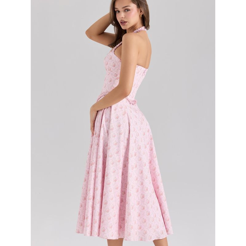 Dream Flower House Same Style French style Sweet Pink Floral Sexy Waist Hugging Backless Pure Desire Hanging Neck Dress
