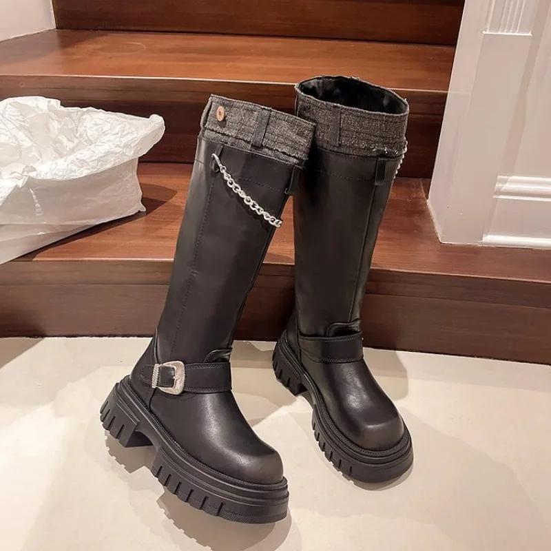 2024Platform Belt Buckle But Knee High Boots Woman Autumn Thick Heel Western Cowboy Knight Botas Patchwork Versatile Women Shoes