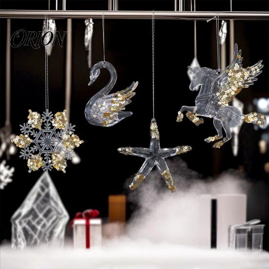 Christmas Tree Gift Ornaments Faux Crystal for Tree, Clear Snowflake/Starfish/Heart/Bird/Horse Hanging Decoration Decorations with Sequins Xmas Winter
