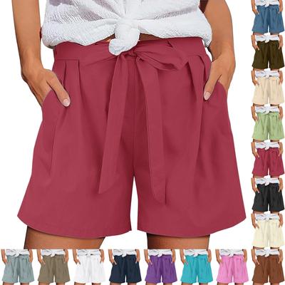Modische Damen-Shorts in einfarbiger Ausführung mit Taschen, Gürtelschlaufen und elastischem Bund aus Baumwolle und Leinen
