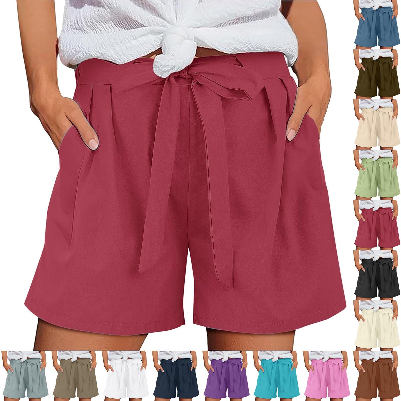 

Women s Fashionable Solid Color Pocket Strap Elastic Waist Cotton And Linen Shorts XL білий