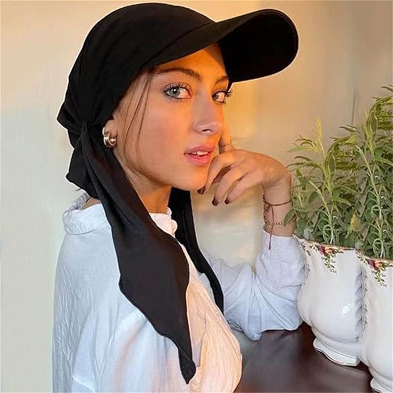 Women Brim Cap Sun Visor with Pre-Tied Turban Caps Head Scarf Hijab Pure Color Bandage Muslim Female Fashion Outdoor Hat