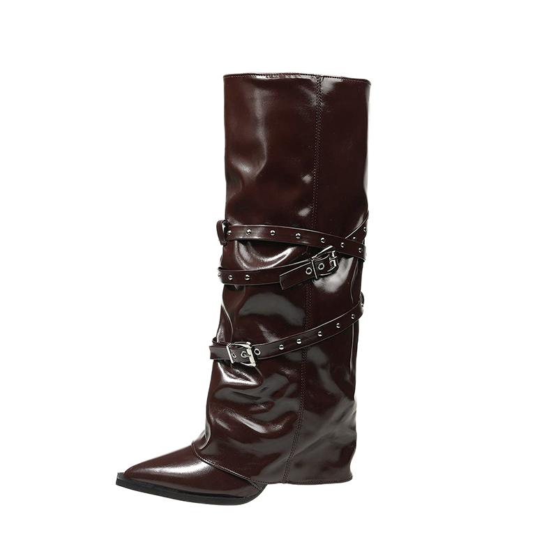 

New Pointed Toe Belt Buckle Boots Women s Outer Wear Autumn and Winter Riveted Trouser Pipe Knight Boots 35 коричневый