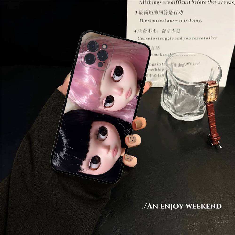 Japanese Korean Retro Doll Dark Baby For IPhone 17 16 15 14 13 12 11 Pro Max Plus Shockproof Black Soft Phone Cover