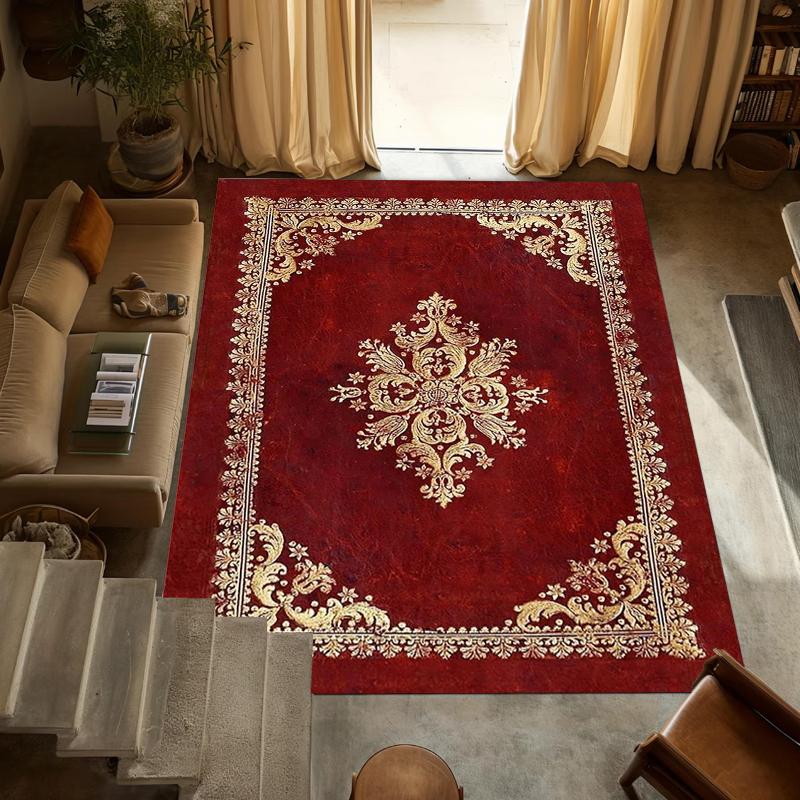 Vintage Red Area Rug Floral Scroll Print Carpet Soft Non-Slip Washable Floormat Luxury Ornate Doormat for Living Room Entryway