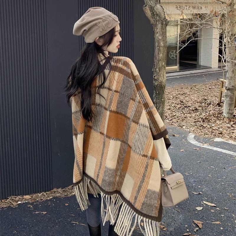 New retro plaid shawl women's high-end versatile autumn and winter imitation cashmere warm scarf thick