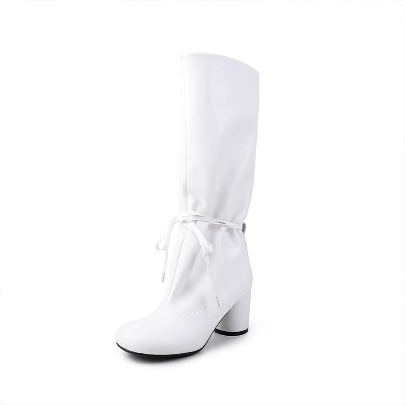 7.5CM fashionable wide tube strap high heel boots knight boots Korean version versatile round head thick heel but knee high boots