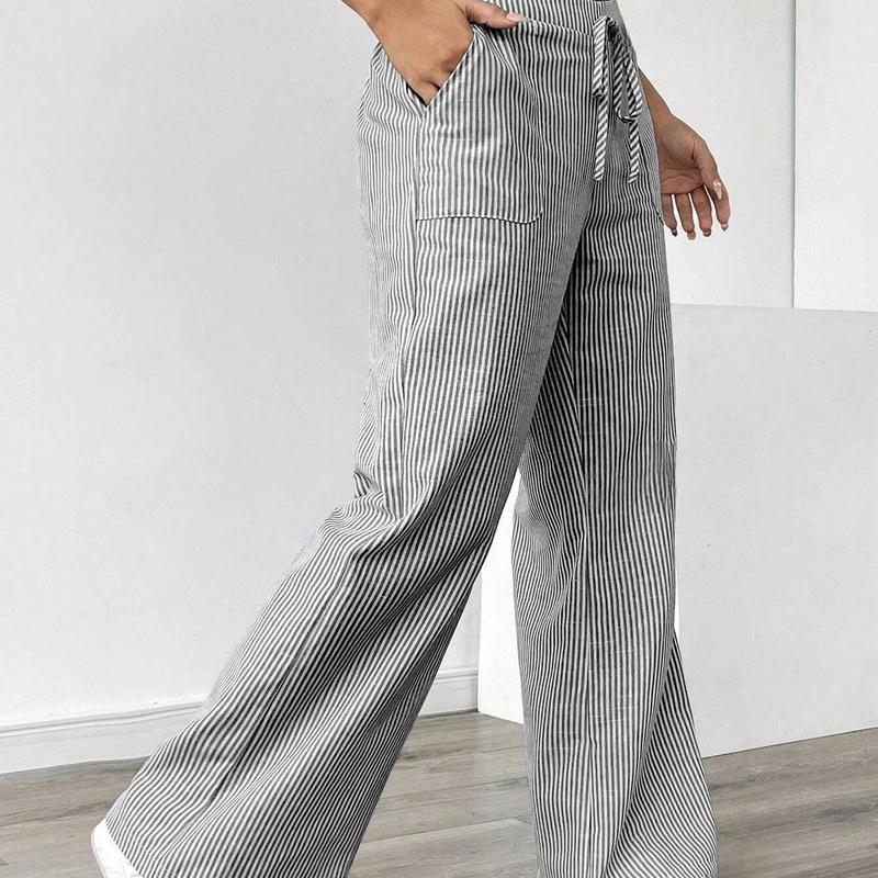 Women's Striped Wide Leg Pants Drawstring Waist Loose Fit Casual Trousers