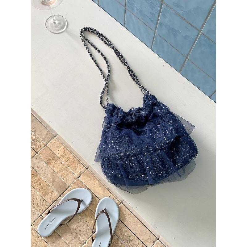 Folded Bucket Mesh Bag Summer Women's Sequined Shoulder Bag Sweet Niche Design Ruffle Edge Chain Bag