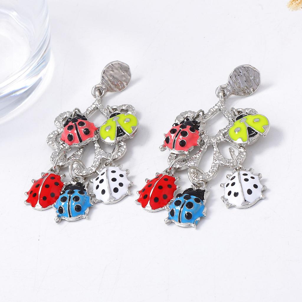 Personality Trend Creative Design Sense Alloy Dripping Multi-ladybug Fringed Pendant Earrings Versatile Casual Women