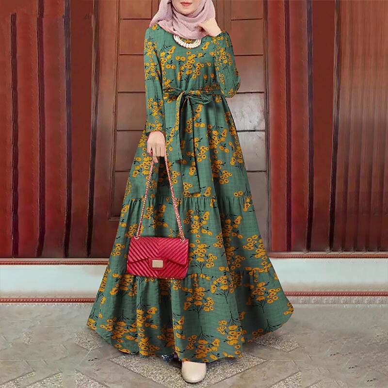 Retro Floral Cross-border Muslim Sundress with Waistband