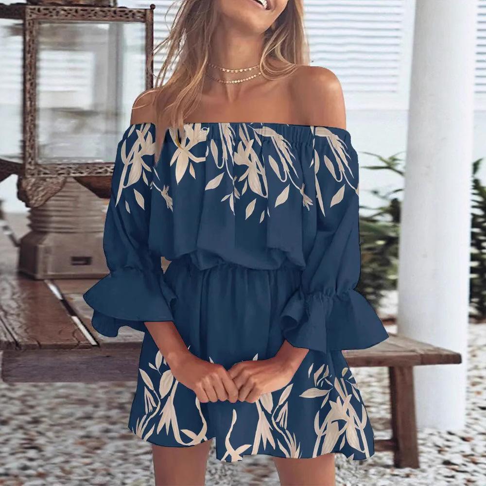 European and American independent station sexy fashion one-word shoulder print dress women's clothing, spot