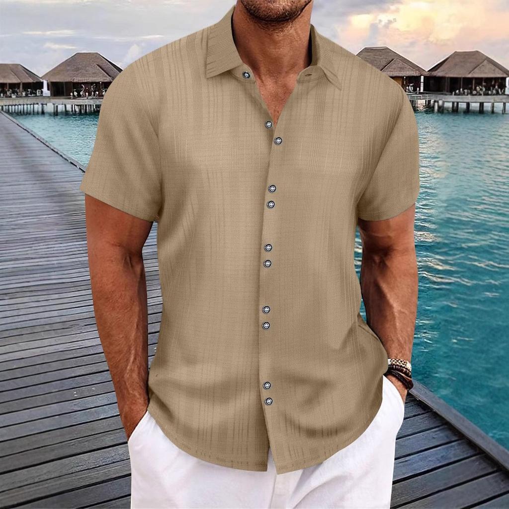 Mens Casual Loose Jacquard Striped Short Sleeve Button Down Shirt