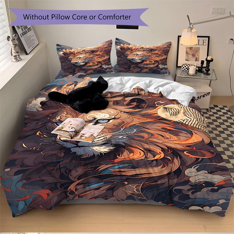 3pcs Lion Print Duvet Cover Set, Cover For Bedroom Guest Room (1 Duvet Cover + 2 Pillowcase, Without Quilt),  yy250922233