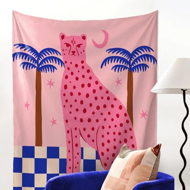 Pink Blue Cheetah Maximalist Preppy Tapestry 75x100