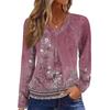Women's Casual Fashion V-Neck Raglan Pleated Retro Printed Long Sleeve Top
