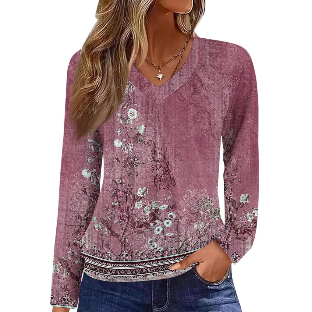 Women's Casual Fashion V-Neck Raglan Pleated Retro Printed Long Sleeve Top