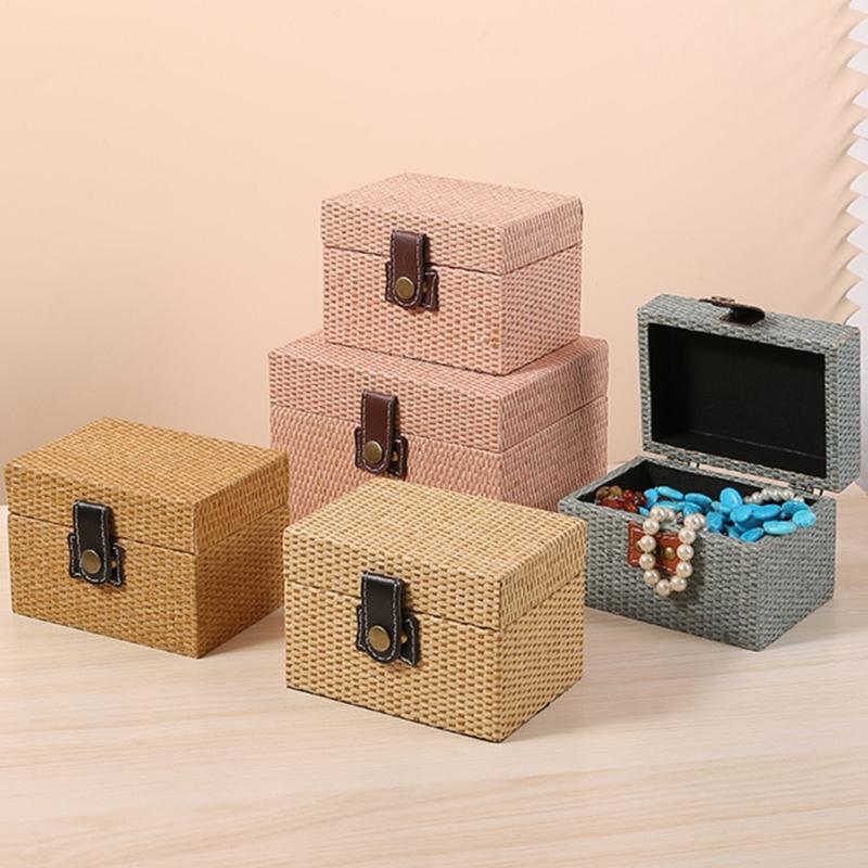 Convenient Travel Storage Box Wicker Pattern Jewelry Presentation Case Multi Functional Wooden Earrings Necklaces Holder