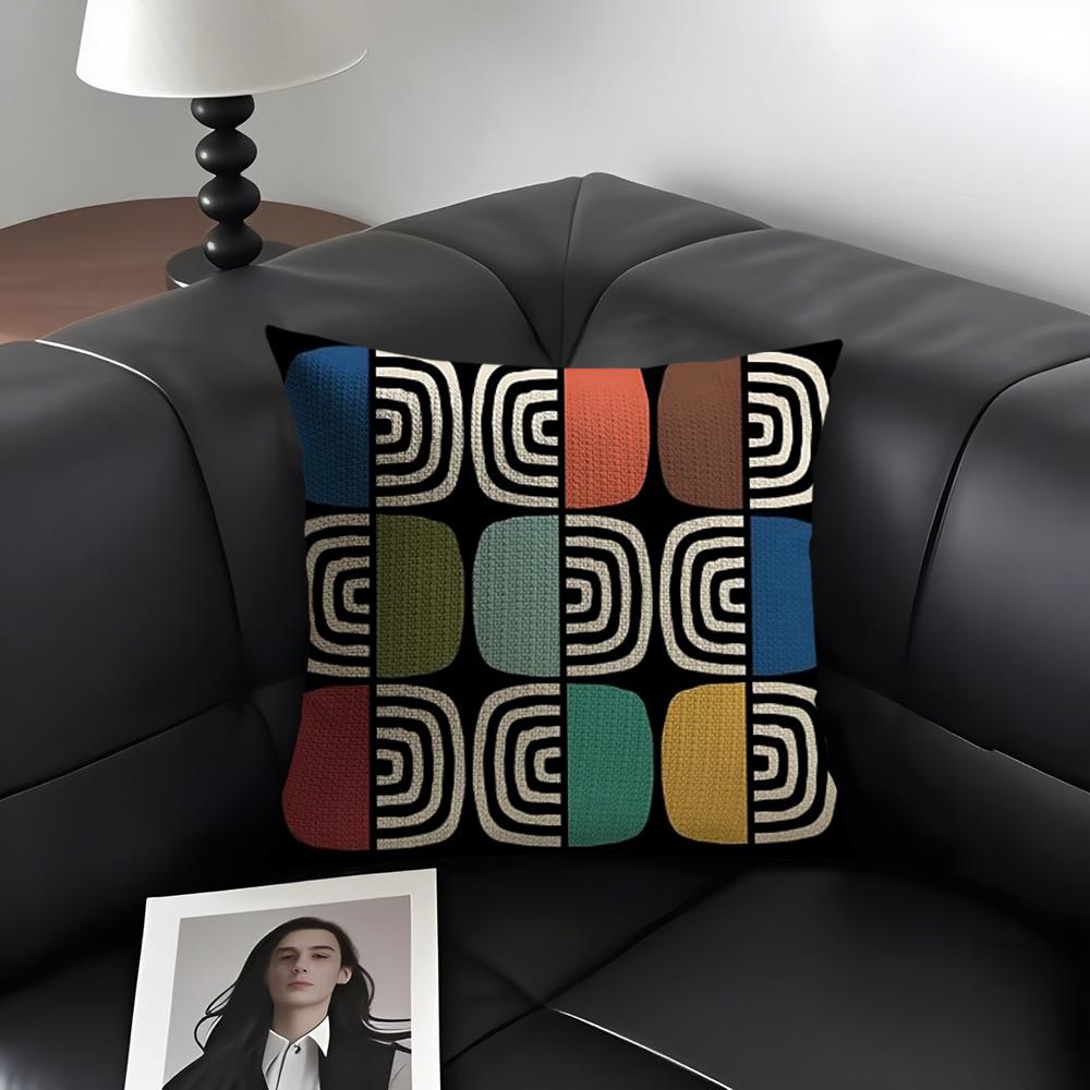 Black Geometric Pattern Cushion Cover Natural Linen Organic Fabric DoubleSided Printing Sofa Home Decor Gift Pillow Case