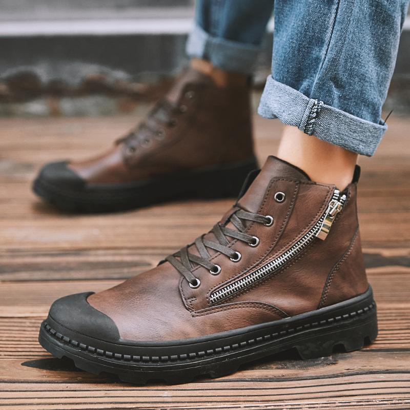 PU Leather Men Ankle Boots Fashion Snow Boots For Men Zipper Men's Boots Man Black Brown Lace Up Shoes For Winter Autumn Jkm9
