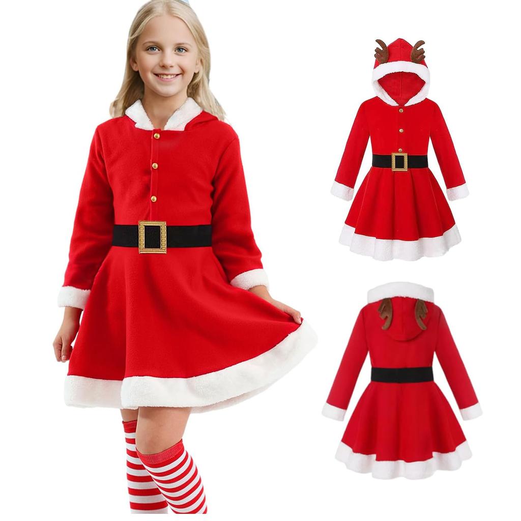 Joyesplay Christmas Cosplay Santa Claus Costume for Set with Santa and Cute Christmas Outfit with Reindeer Perfect for School Stage and Gift Girls,